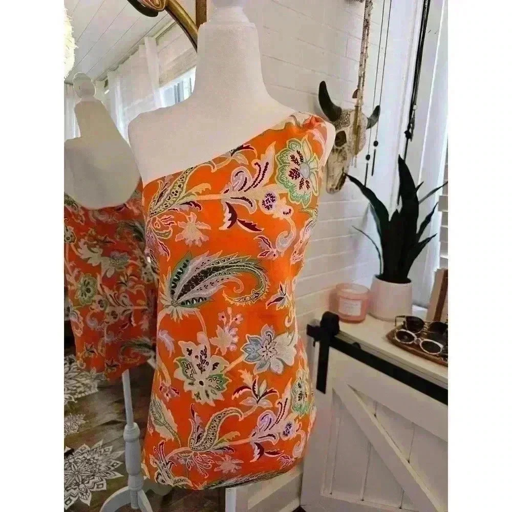 Etcetera Women's Size 6 Orange Silk One Shoulder Sleeveless Summer Blouse